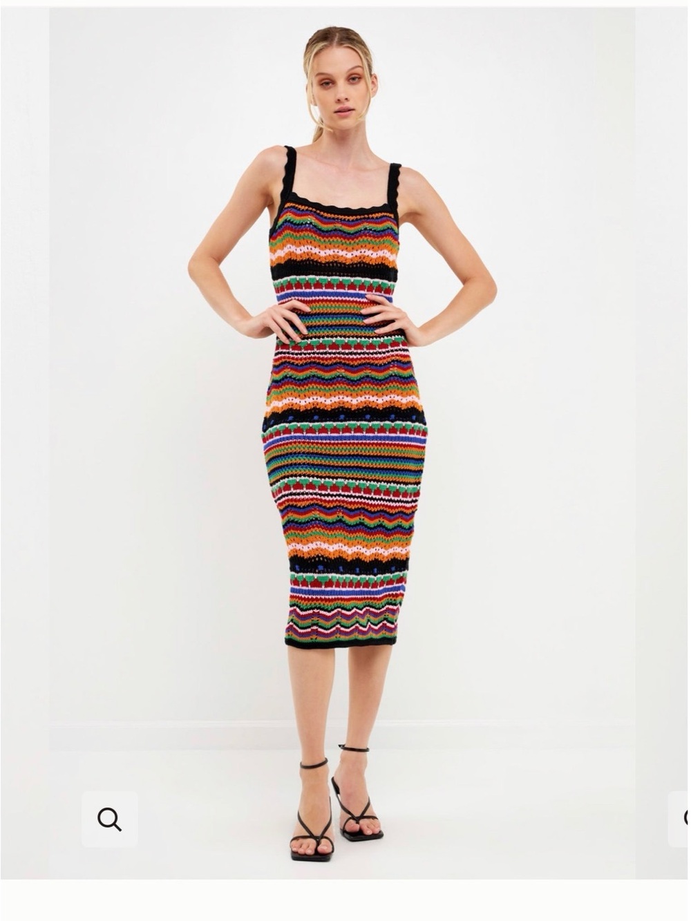 Free the Roses Crochet Multicolor Striped Midi Dress with Black Trim M